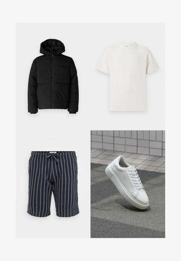 Czarna kurtka puchowa z zamkiem z przodu, kapturem i poziomym pikowaniem. Wykonana z gładkiego, trwałego materiału z prążkowanymi mankietami.; Biała krótka koszulka z krótkim rękawem o żebrowanej fakturze. Okrągły dekolt, luźny krój, brak widocznych wzorów lub akcentów. Prosty i uniwersalny design.; Pasiaste granatowe szorty wykonane z lekkiego materiału, z elastycznym pasem w talii i sznurkiem do regulacji oraz pionowymi jasnoniebieskimi paskami.; Białe skórzane trampki z gładką powierzchnią, okrągłym noskiem i płaskimi białymi sznurowadłami. Posiadają teksturowaną gumową podeszwę oraz minimalistyczne elementy projektowe.