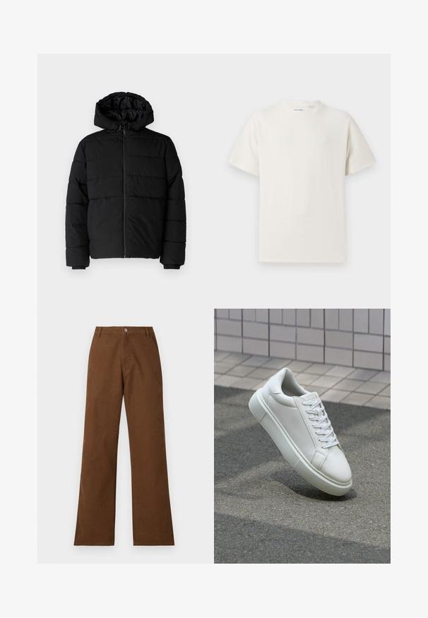 Casaco puffer preto com fecho de correr, capuz e design acolchoado horizontal. Feito de um tecido liso e durável com punhos canelados.; T-shirt branco de manga curta em textura canelada. Gola redonda, ajuste descontraído, sem padrões ou detalhes visíveis. Design simples e versátil.; Calças de algodão castanhas com um design de pernas retas, fecho por botão e dois bolsos frontais. Textura suave sem padrões ou adornos visíveis.; Tênis de couro branco com superfície lisa, bico redondo e cadarços brancos planos. Apresenta uma sola de borracha texturizada e elementos de design minimalistas.