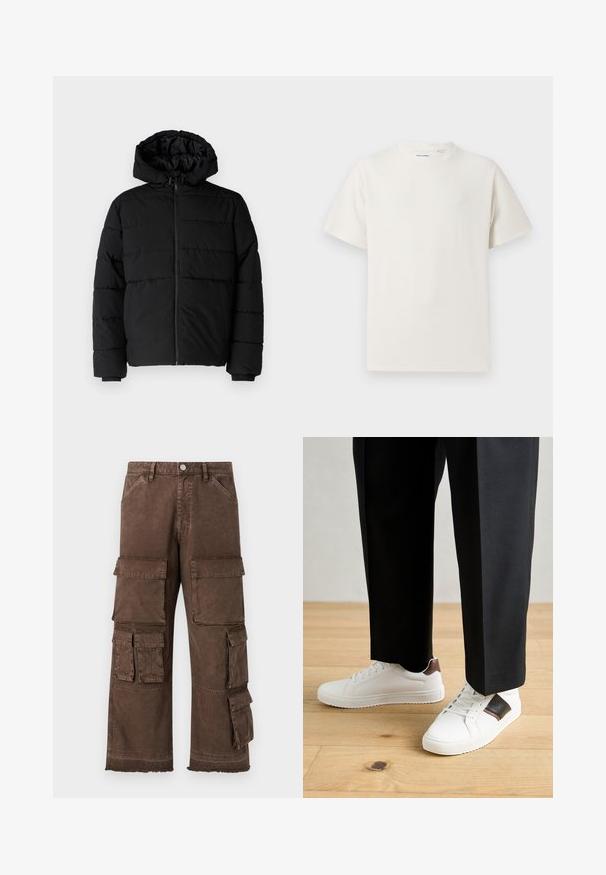 Must värvi puffernahk, millel on seljaed, kapuuts ja horisontaalne õmblusdisain. Valmistatud sujuvast, vastupidavast kangast ja ribakujuliste varrukaotste jaok.; Valge lühikeste varrukatega T-särk ribakudumises. Ümar kaelus, mugav lõige, nähtavad mustrid ega aksessuaarid puuduvad. Lihtne ja mitmekesine disain.; Pruunid cargo püksid, millel on lõtv lõige, mitmed küljetaskud ja narmastega äär. Valmistatud vastupidavast, tekstuuriga kangast vastupidavuse tagamiseks.; Valged sneakersid siledat tekstuurist, millel on pruunad nahast detailid ja mustad aksessuaarid, millele on sobitatud mustad kohandatud püksid. Puitpõranda taust.