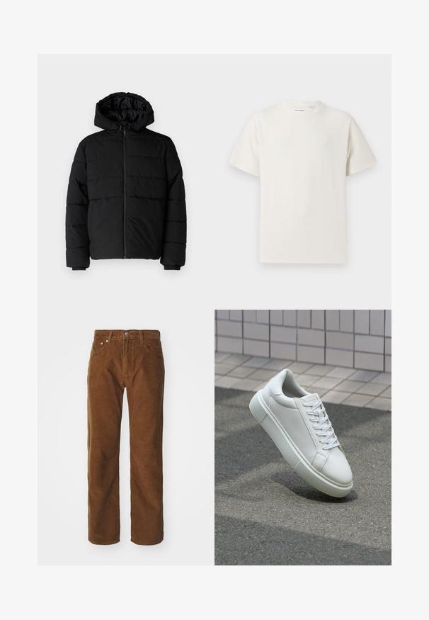 Black puffer jacket featuring a zip front, a hood, and horizontal quilted design. Made of a smooth, durable fabric with ribbed cuffs.; White short-sleeve T-shirt in a ribbed texture. Round neckline, relaxed fit, no visible patterns or accents. Simple and versatile design.; Levi's® Straight leg jeans - karla brown; White leather sneaker with a smooth surface, round toe, and flat white laces. Features a textured rubber sole and minimal design elements.