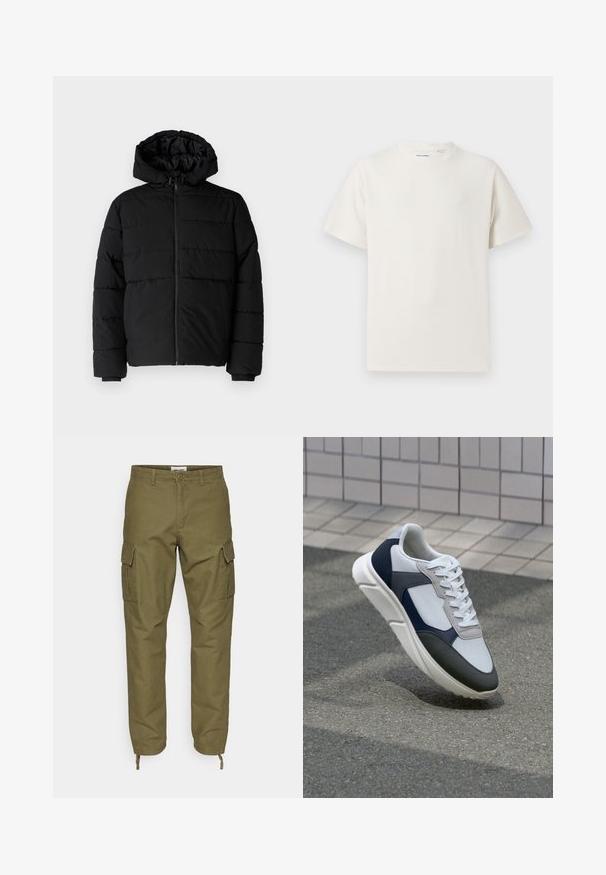Schwarze Daunenjacke mit Reißverschluss vorne, Kapuze und horizontalem Steppmuster. Hergestellt aus einem glatten, strapazierfähigen Stoff mit gerippten Manschetten.; Weißes T-Shirt mit kurzen Ärmeln in gerippter Textur. Runder Ausschnitt, lockere Passform, keine sichtbaren Muster oder Akzente. Einfaches und vielseitiges Design.; Oliven grüne Cargo-Hosen aus Baumwolle mit zwei Seitentaschen, Kordelzügen an den Knöcheln und einem Knopfverschluss am Bund.; Weißer, marineblauer und grauer Sneaker mit einem Materialmix-Design, das ein strukturiertes Obermaterial, flache Schnürsenkel und eine gepolsterte Sohle aufweist.