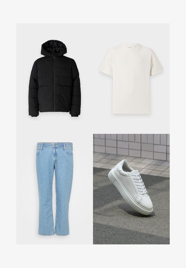 Must värvi puffernahk, millel on seljaed, kapuuts ja horisontaalne õmblusdisain. Valmistatud sujuvast, vastupidavast kangast ja ribakujuliste varrukaotste jaok.; Valge lühikeste varrukatega T-särk ribakudumises. Ümar kaelus, mugav lõige, nähtavad mustrid ega aksessuaarid puuduvad. Lihtne ja mitmekesine disain.; Heledad sinine teksapüksid sirge lõikega, viie taskuga disain ja nööpkinnitusega vöökoht.; Valge nahkline sneka, millel on sile pind, ümar varvas ja lame valge pael. Omab tekstuuriga kummist talla ja minimaalset kujunduselementi.