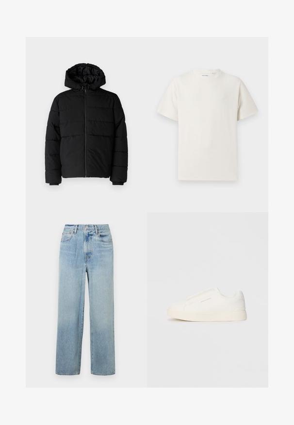 Chaqueta acolchada negra con cremallera frontal, capucha y diseño acolchado horizontal. Fabricada con un tejido suave y duradero con puños acanalados.; Camiseta blanca de manga corta en textura acanalada. Cuello redondo, corte relajado, sin patrones ni acentos visibles. Diseño simple y versátil.; Jeans de mezclilla de pierna recta de color azul claro, con una cintura alta, que cuentan con cinco bolsillos y un sutil desvanecimiento. Dobladillo sin rematar y detalles de costura en contraste.; Zapatillas blancas tipo slip-on con una superficie texturizada, suela gruesa y diseño minimalista. Presenta el logo de la marca en un lado.