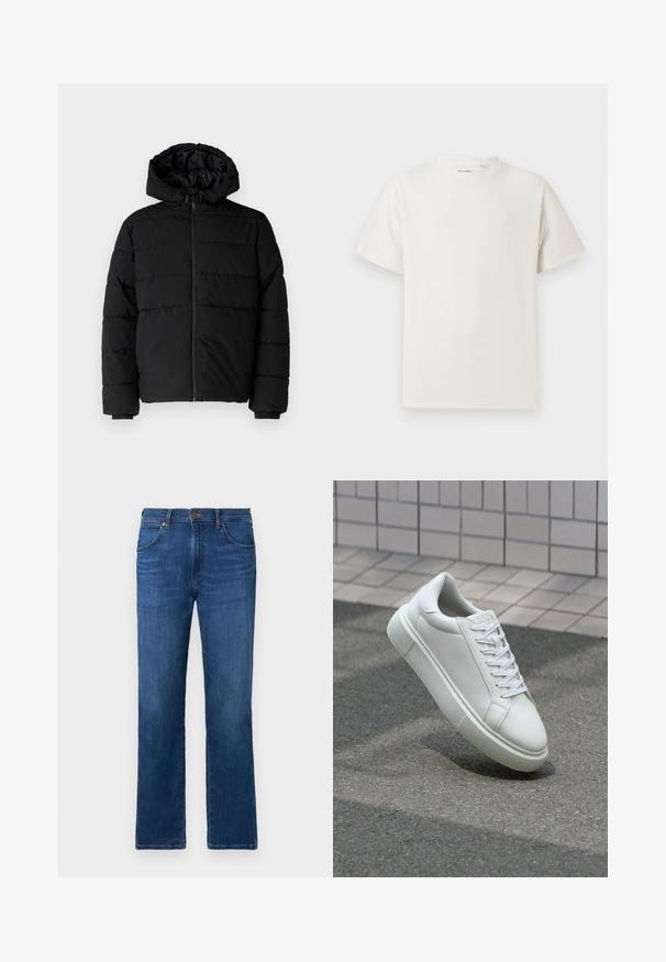 Casaco puffer preto com fecho de correr, capuz e design acolchoado horizontal. Feito de um tecido liso e durável com punhos canelados.; T-shirt branco de manga curta em textura canelada. Gola redonda, ajuste descontraído, sem padrões ou detalhes visíveis. Design simples e versátil.; Jeans de ganga azul escuro com um design de perna reta, cinco bolsos e um fecho de botão na cintura. Textura suave com desbotamento sutil.; Tênis de couro branco com superfície lisa, bico redondo e cadarços brancos planos. Apresenta uma sola de borracha texturizada e elementos de design minimalistas.