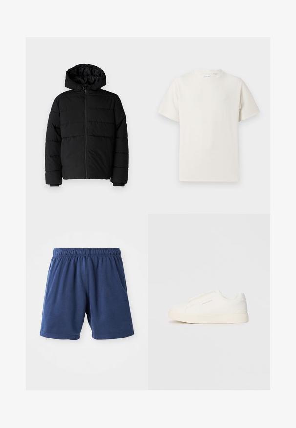 Casaco puffer preto com fecho de correr, capuz e design acolchoado horizontal. Feito de um tecido liso e durável com punhos canelados.; T-shirt branco de manga curta em textura canelada. Gola redonda, ajuste descontraído, sem padrões ou detalhes visíveis. Design simples e versátil.; Bermudas azul-marinho feitas de um suave mistura de algodão, com um cós elástico, bolsos laterais e um corte reto. Ideais para uso casual.; Sapatilhas brancas de atacar com uma superfície texturizada, sola grossa e design minimalista. Possui o logo da marca na lateral.