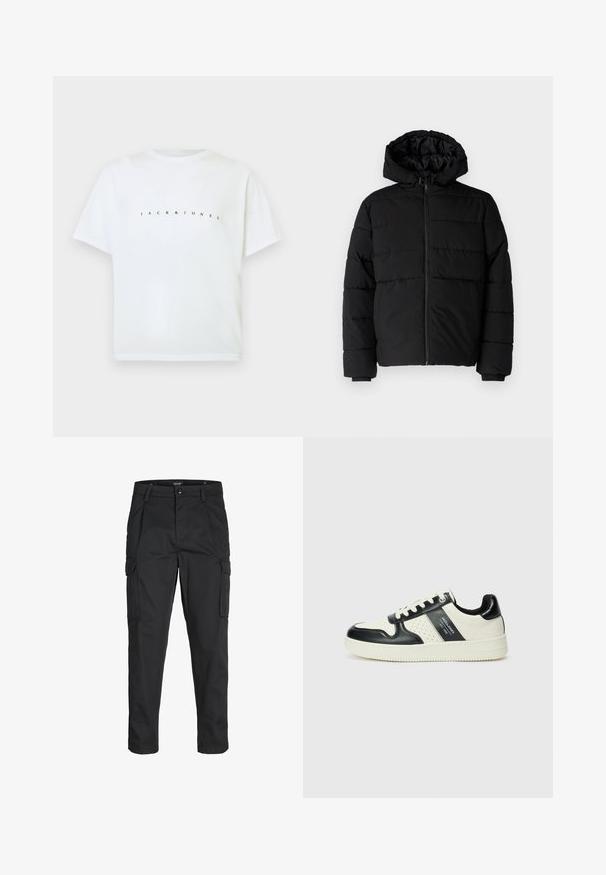 Giacca a vento nera con zip frontale, cappuccio e design a righe orizzontali. Realizzata in un tessuto liscio e resistente con polsini a coste.; T-shirt in cotone bianco a maniche corte con "JACK & JONES" stampato sul petto in lettere nere piccole e distanziate.; Pantaloni cargo neri realizzati in un tessuto resistente, dotati di molteplici tasche, chiusura con bottone e un design aderente con gambe affusolate.; Sneakers in pelle con una combinazione di colori nero e crema, dotati di dettagli perforati, collare imbottito e suola testurizzata.