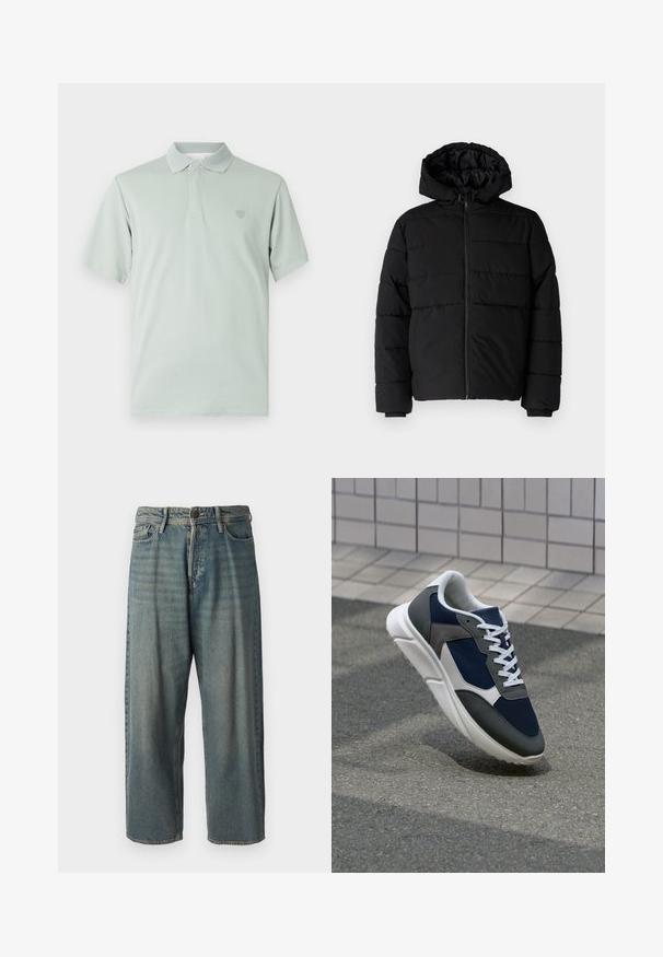 Casaco puffer preto com fecho de correr, capuz e design acolchoado horizontal. Feito de um tecido liso e durável com punhos canelados.; Polo de cor verde clara com colarinho texturizado, mangas curtas e um emblema bordado no lado esquerdo do peito. Acabamento em tecido suave.; Jeans de ganga azul claro com um corte solto, cintura média e pernas retas. Apresenta cinco bolsos, passadores de cinto e fecho com botão.; Sapatilha com parte superior em malha azul-marinho, detalhes em camurça cinza, sola de borracha branca e atacadores brancos planos, projetada para conforto e respirabilidade.