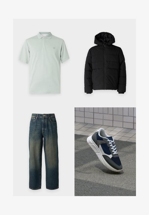 Černá péřová bunda s předním zipem, kapucí a vodorovným prošíváním. Vyrobena z hladké a odolné látky s žebrovanými manžetami.; Světlezelená polo tričko s texturovaným límečkem, krátkými rukávy a vyšitým emblémem na levé straně hrudi. Měkčená látková úprava.; Modré džínové kalhoty s rovný střih, s vybledlým designem a světlejšími odstíny směrem k lemu, pěti kapsami a knoflíkovým zapínáním.; Tenisky s horní částí z námornicky modré síťoviny, šedými semišovými akcenty, bílou gumovou podrážkou a plochými bílými tkaničkami, navržené pro pohodlí a prodyšnost.