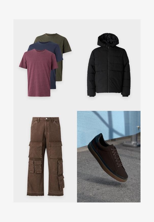 Fekete puff dzseki cipzárral elöl, kapucnival és vízszintes steppelt mintázattal. Simább, tartós anyagból készült, bordázott mandzsettákkal.; Három pamut póló kiállítva: bordó, tengerészkék és olívazöld. Kerek nyakú kialakítás, rövid ujjak és puha, textúrált felület.; Barna cargo nadrág laza szabásban, több oldalsó zsebbel és rojtos szegéllyel. Tartós, texturált anyagból készült, a tartósság érdekében.; Barna sportcipő sima velúr felsőrésszel, kerek orral és fekete bőrkiegészítőkkel. Barna fűzőkkel, gumitalppal és diszkrét perforációs részletekkel rendelkezik.