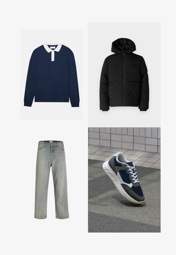 Casaco puffer preto com fecho de correr, capuz e design acolchoado horizontal. Feito de um tecido liso e durável com punhos canelados.; Camisa polo de manga longa azul-marinho com colarinho branco canelado e placket de três botões. Textura suave, bainha de corte reto e punhos canelados.; Jeans soltos de cor cinza claro feitos de denim. Apresentam um design clássico de cinco bolsos, passadores para cinto e uma silhueta de perna reta.; Sapatilha com parte superior em malha azul-marinho, detalhes em camurça cinza, sola de borracha branca e atacadores brancos planos, projetada para conforto e respirabilidade.