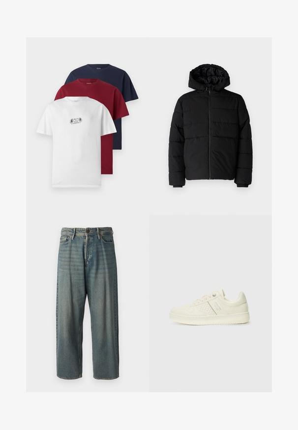 Sort pufferjakke med lynlås foran, hætte og vandret quiltet design. Lavet af et glat og holdbart stof med ribbede manchetter.; Tre kortærmede T-shirts i hvid, burgunder og marineblå. Hver har en rund halsudskæring og blødt bomuldsstof, hvor den hvide skjorte viser en lille grafik.; Lyseblå denim jeans med løs pasform, mellemhøj talje og lige ben. Har fem lommer, bæltestropper og en knappelukning.; Cremefarvet sneaker med perforeret detaljering, snørebånd og logo på siden, præsenteret mod en simpel hvid baggrund.