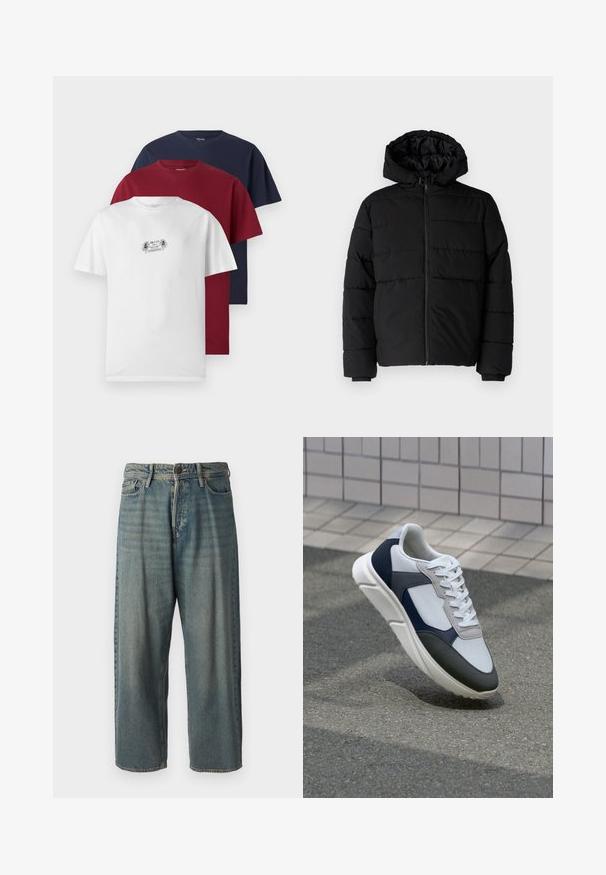 Čierna puff jacket s predným zipsom, kapucňou a horizontálnym prešívaním. Vyrobená z hladkej, odolnej tkaniny s rebrovanými manžetami.; Tričko s krátkymi rukávmi v bielej, burgundskej a námorníckej modrej farbe. Každé má okrúhly výstrih a jemnú bavlnenú látku, pričom biele tričko zobrazuje malý grafický motív.; Svetlomodré denimové nohavice so voľným strihom, stredne vysokým pásom a rovnými nohavicami. Obsahujú päť vreciek, pútka na opasok a zapínanie na gombík.; Biele, námornícke a šedé tenisky s kombinovaným materiálom, so štruktúrovaným zvrškom, plochými šnúrkami a polstrovanou podošvou.