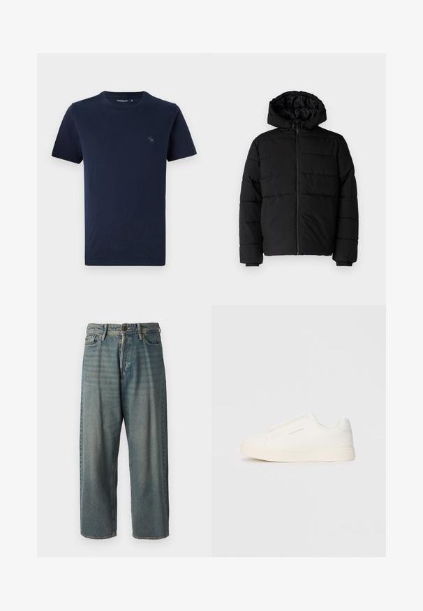 Černá péřová bunda s předním zipem, kapucí a vodorovným prošíváním. Vyrobena z hladké a odolné látky s žebrovanými manžetami.; Námořnická modrá bavlněná tričko s krátkým rukávem, kulatým výstřihem, s malým vyšívaným logem jelena na levé části hrudi. Hladká textura.; Světle modré denimové džíny s volným střihem, středně vysokým pasem a rovnými nohavicemi. Obsahují pět kapes, poutka na opasek a zapínání na knoflík.; Bílé slip-on tenisky s texturovaným povrchem, silnou podešví a minimalistickým designem. Na boku je umístěno logo značky.