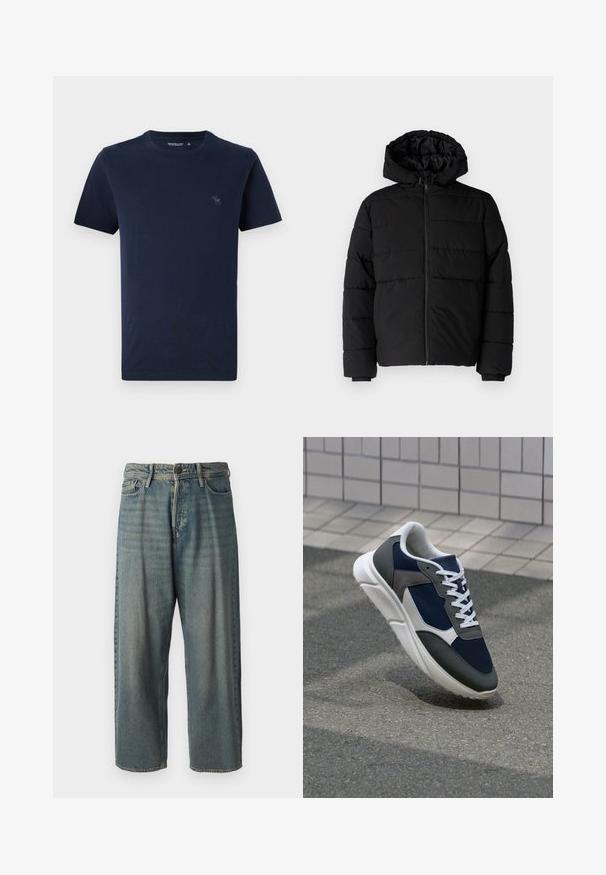 Μαύρο μπουφάν με φερμουάρ μπροστά, κουκούλα και οριζόντιο ραμμένο σχέδιο. Κατασκευασμένο από ομαλό, ανθεκτικό ύφασμα με ριγέ μανσέτες.; Ναυτικό μπλε βαμβακερό t-shirt με κοντά μανίκια, στρογγυλή λαιμόκοψη, διαθέτει ένα μικρό κεντημένο λογότυπο ελαφιού στην αριστερή πλευρά του στήθους. Λείο ύφασμα.; Ανοιχτό μπλε τζιν παντελόνι με χαλαρή γραμμή, μέση μέσου ύψους και ευθείες γραμμές. Περιλαμβάνει πέντε τσέπες, θηλιές ζώνης και κούμπωμα με κουμπί.; Αθλητικά παπούτσια με επάνω μέρος από ναυτικό μπλε διχτυωτό ύφασμα, γκρι σουέτ λεπτομέρειες, λευκή καουτσούκ σόλα και επίπεδα λευκά κορδόνια, σχεδιασμένα για άνεση και αερισμό.