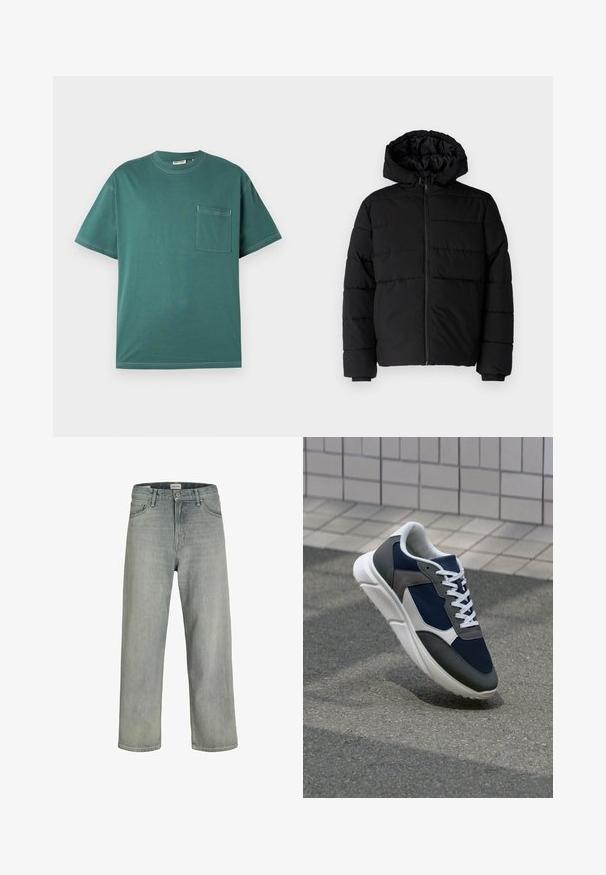 Czarna kurtka puchowa z zamkiem z przodu, kapturem i poziomym pikowaniem. Wykonana z gładkiego, trwałego materiału z prążkowanymi mankietami.; Turkusowa koszulka z krótkim rękawem z białymi szwami i kieszonką na piersi po lewej stronie, wyeksponowana na jednolitym białym tle.; Jasnoszare, luźne dżinsy wykonane z denimu. Posiadają klasyczny pięcio-kieszeniowy krój, szlufki na pasek oraz prostą nogawkę.; Sneakers z granatową siateczkową cholewką, szarymi zamszowymi akcentami, białą gumową podeszwą i płaskimi białymi sznurówkami, zaprojektowane z myślą o komforcie i wentylacji.