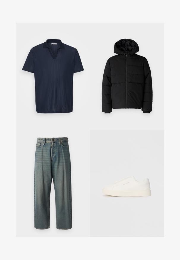 Casaco puffer preto com fecho de correr, capuz e design acolchoado horizontal. Feito de um tecido liso e durável com punhos canelados.; Polo em azul marinho feito de um tecido texturizado e canelado, com um design de decote em V e mangas curtas. O colarinho clássico adiciona um toque ao estilo.; Jeans de ganga azul claro com um corte solto, cintura média e pernas retas. Apresenta cinco bolsos, passadores de cinto e fecho com botão.; Sapatilhas brancas de atacar com uma superfície texturizada, sola grossa e design minimalista. Possui o logo da marca na lateral.