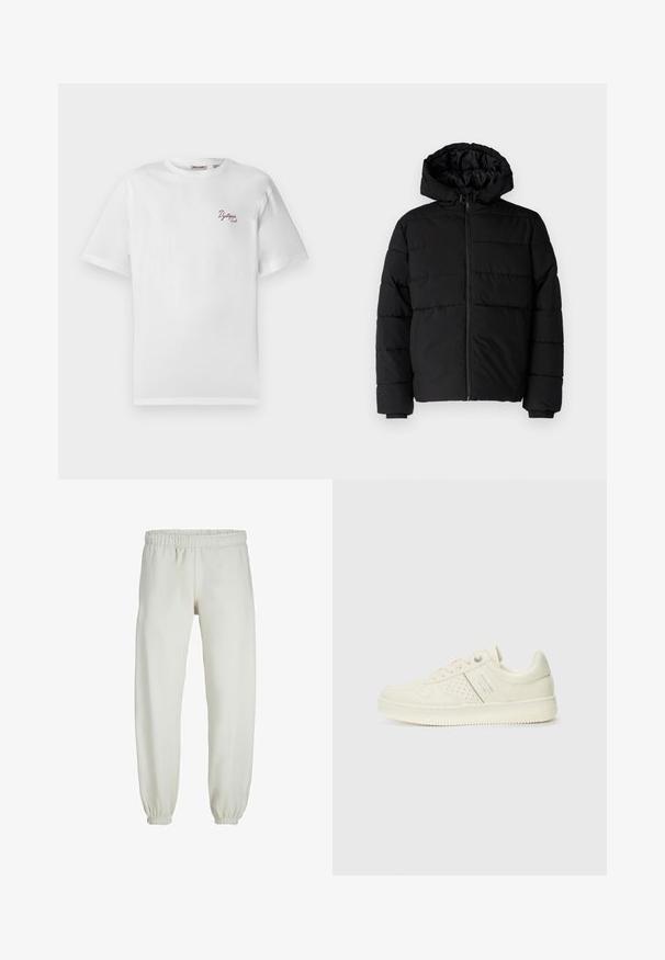Crni puffer kaput s patentnim zatvaračem sprijeda, kapuljačom i horizontalnim šavovima. Izrađen od glatkog, izdržljivog materijala s rebrastim manžetama.; Bijela kratka majica s rukavima s malim tamnocrvenim tekstom "Dystopia Sounds" na lijevoj strani prsiju, okrugli izrez, jednostavna pozadina.; Bijele trenirke napravljene od mekanog materijala, s elastikom u struku i na manžetama, glatke teksture i labavog kroja.; Kremasto bijele tenisice s perforiranim detaljima, vezicama i logotipom s bočne strane, prikazane na jednostavnoj bijeloj pozadini.