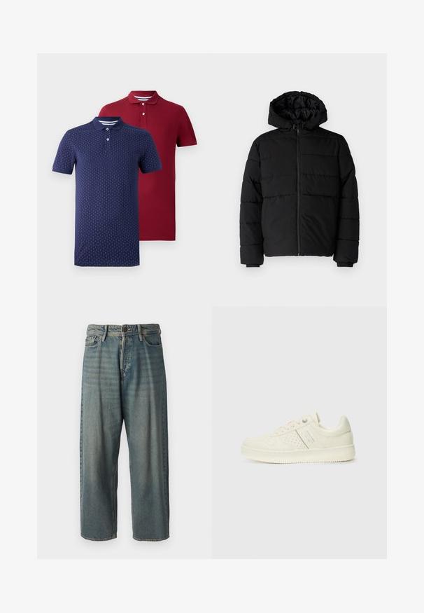 Doudoune noire avec fermeture éclair à l'avant, capuche et design matelassé horizontal. Fabriquée dans un tissu lisse et durable avec des poignets côtelés.; Deux polos à manches courtes, l'un rouge foncé uni et l'autre bleu marine avec un motif de points verticaux blancs, tous deux avec des patins de boutons et des cols.; Jeans en denim bleu clair avec une coupe ample, taille mi-haute et jambes droites. Comprend cinq poches, des passants de ceinture et une fermeture à bouton.; Sneaker couleur crème avec des détails perforés, des lacets et un logo sur le côté, présenté sur un fond blanc uni.