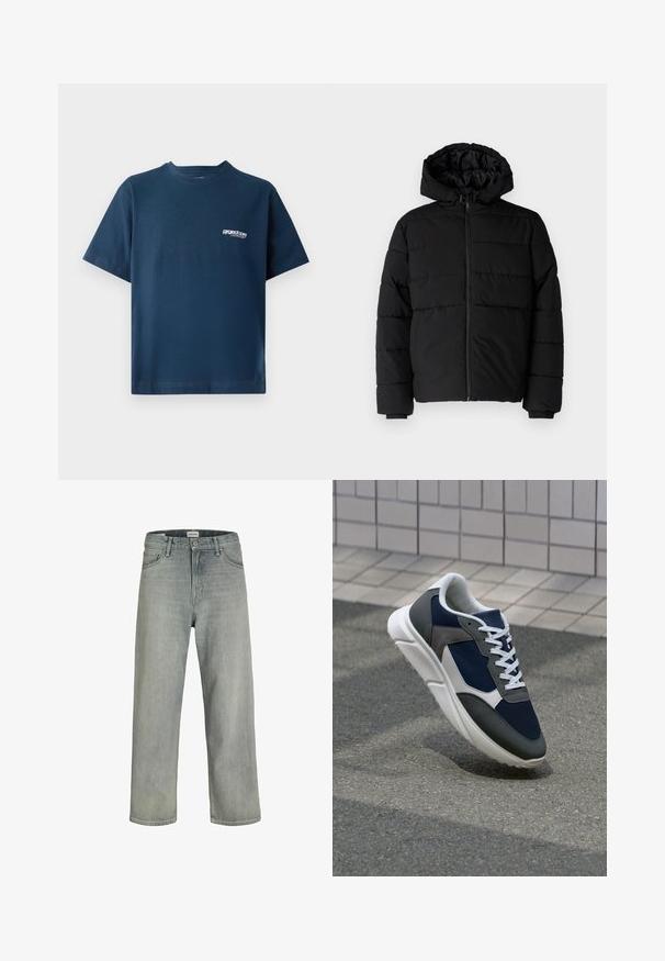 Svart puffjacka med dragkedja fram, huva och horisontellt quiltat mönster. Tillverkad av ett slätt, hållbart tyg med ribbade ärmslut.; Marinblå bomullströja med korta ärmar och rund halsringning. Har en liten vit logotyp på vänster bröstområde. Mjuk textur.; Ljust grå, löst sittande jeans av denim. Har en klassisk fem-fickorsdesign, bältesöglor och en rak benprofil.; Sko med överdel i marinblå mesh, grå mockadetaljer, vit gummisula och platta vita snören, designad för komfort och andningsförmåga.