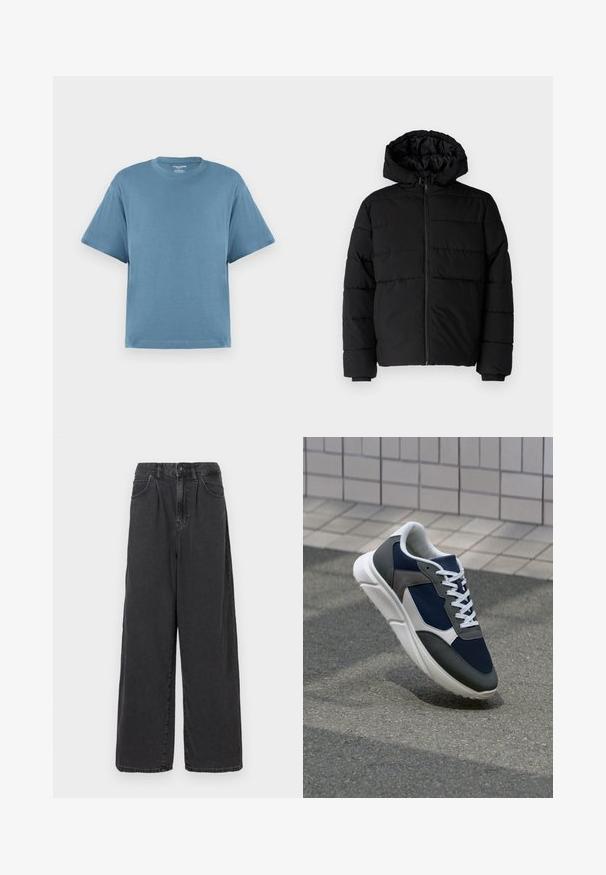 Sort pufferjakke med lynlås foran, hætte og vandret quiltet design. Lavet af et glat og holdbart stof med ribbede manchetter.; Blå kortærmet t-shirt, lavet af bomuld, med rund hals og løs pasform. Glat tekstur, minimalistisk design, uden mønstre eller accenter.; Bredde ben, høj talje sorte denimbukser med frontknap og lynlås, der har sidelommer og en glat overflade.; Sneakers med en overdel i marineblå mesh, grå suedeteksturer, hvid gummisål og flade hvide snørebånd, designet til komfort og åndbarhed.