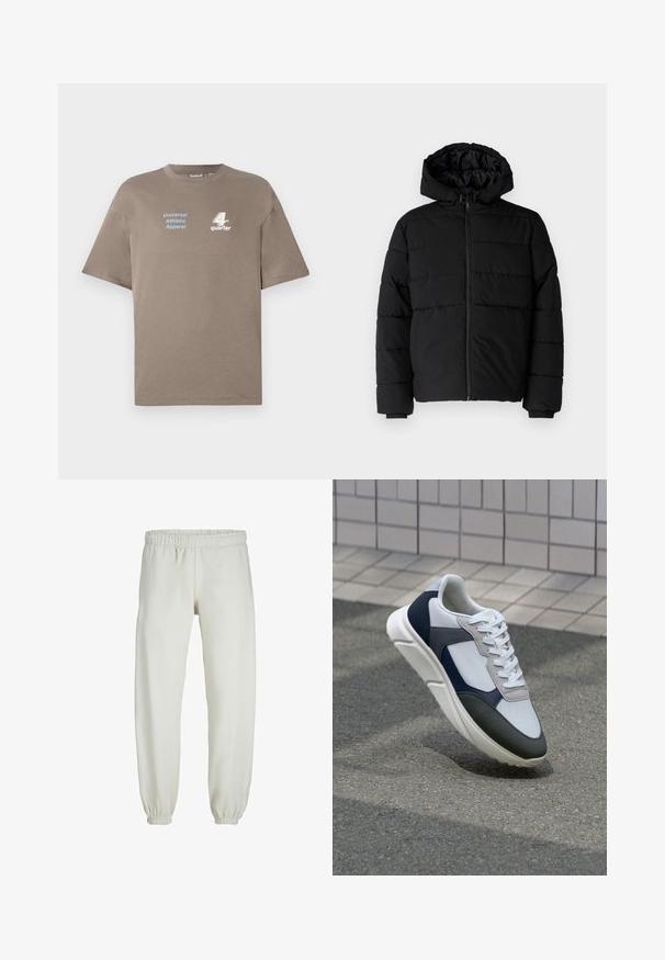 Black puffer jacket featuring a zip front, a hood, and horizontal quilted design. Made of a smooth, durable fabric with ribbed cuffs.; Brown cotton t-shirt with a round neckline. Features blue text "Universal Athletic Apparel" and white "4th quarter" logo on the front. Short sleeves.; White sweatpants made from soft fabric, featuring an elastic waistband and cuffs, with a smooth texture and loose-fitting design.; White, navy, and gray sneaker with a mixed material design, featuring a textured upper, flat laces, and a cushioned sole.