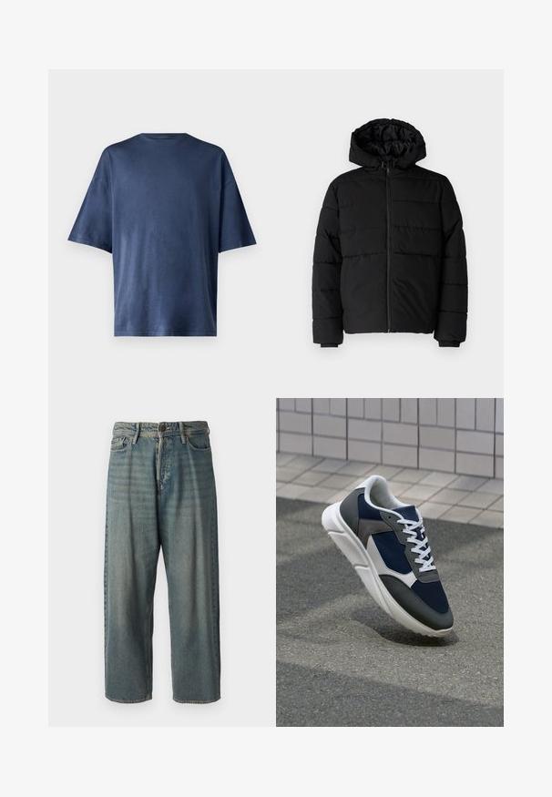 Jachetă puffer neagră cu fermoar în față, glugă și un design matlasat orizontal. Fabricată dintr-un material neted și rezistent, cu manșete ribbate.; Tricou navy blue cu mânecă scurtă, realizat dintr-un material moale, prezintă un guler clasic și o croială lejeră, fără modele sau accente vizibile.; Jeans din denim bleu deschis, cu o croială lejeră, talie medie și picioare drepte. Au cinci buzunare, bucle pentru curea și închidere cu nasture.; Adidași cu un uppers din plasă albastră închisă, accente din suede gri, talpă din cauciuc alb și șireturi plate albe, concepuți pentru confort și respirabilitate.