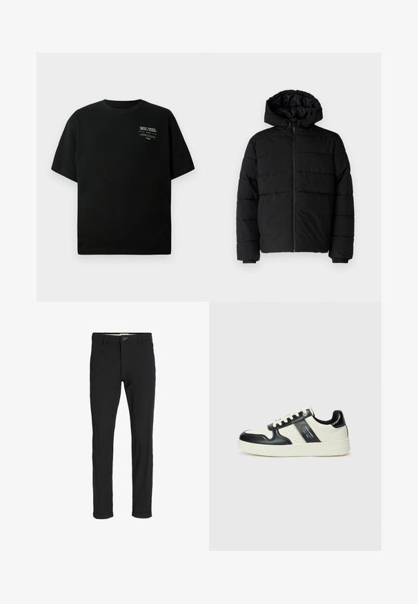 Jachetă puffer neagră cu fermoar în față, glugă și un design matlasat orizontal. Fabricată dintr-un material neted și rezistent, cu manșete ribbate.; Tricou din bumbac negru cu guler rotund și mâneci scurte; prezintă text alb imprimat în partea stângă sus. Textură netedă.; Pantaloni negri din bumbac cu un croi slim, având închidere cu nasture, buzunare și manșete răsturnate pentru un aspect casual.; Tenisi din piele cu un scheme de culori negru și crem, dotati cu accente perforate, guler căptușit și o talpă texturată.