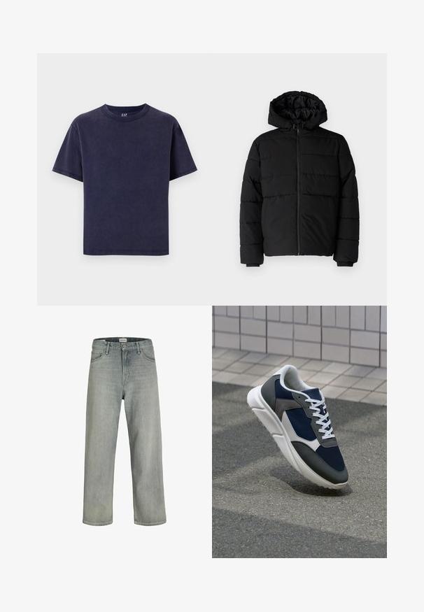 Μαύρο μπουφάν με φερμουάρ μπροστά, κουκούλα και οριζόντιο ραμμένο σχέδιο. Κατασκευασμένο από ομαλό, ανθεκτικό ύφασμα με ριγέ μανσέτες.; Ναυτικό βαμβακερό T-shirt με στρογγυλή λαιμόκοψη, κοντά μανίκια και χαλαρή εφαρμογή. Διαθέτει μονόχρωμο σχεδιασμό χωρίς ορατά μοτίβα ή διακοσμητικά στοιχεία.; Ανοιχτό γκρι, χαλαρά εφαρμοστά τζιν φτιαγμένα από denim. Διαθέτουν κλασικό σχέδιο πέντε τσεπών, θηλιές ζώνης και ίσια γραμμή.; Αθλητικά παπούτσια με επάνω μέρος από ναυτικό μπλε διχτυωτό ύφασμα, γκρι σουέτ λεπτομέρειες, λευκή καουτσούκ σόλα και επίπεδα λευκά κορδόνια, σχεδιασμένα για άνεση και αερισμό.