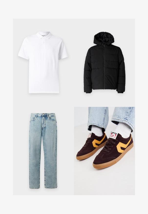 Svart boblejakke med glidelås foran, hette og horisontalt quiltet design. Laget av et glatt, slitesterkt stoff med ribbede cuffs.; Hvit polo skjorte med klassisk krage, to-knapps placket, korte ermer og en liten logo på brystet. Laget av glatt stoff.; Lyseblå jeans med enkelt ben og knapp- og glidelås-lukking, frontlommer og subtile falmede detaljer.; Mørke burgunder ruskindsnikkerter med gule læderdetaljer, gummisål og hvide snørebånd. Branding synlig på tungen.