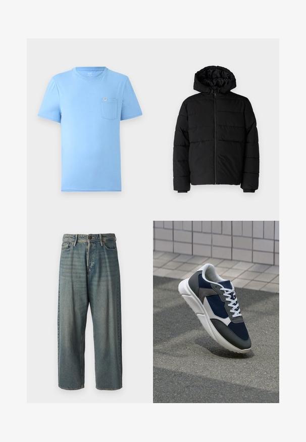 Melna pūkainā jaka ar rāvējslēdzēju priekšā, kapuci un horizontālu quiltēšanas dizainu. Izgatavota no gludas, izturīgas auduma ar ribotām piedurknēm.; Gaiši zils īsām piedurknēm T-krekls, kas izgatavots no mīksta kokvilnas. Tam ir apaļa kakla izgriezuma forma un krūšu kabata ar zīmola etiķeti. Gluda tekstūra.; Gaiši zili džinsi ar brīvu piegriezumu, vidējo jostas augstumu un taisnām kājām. Satur piecas kabatas, jostas cilpas un pogu aizdari.; Sporta apavi ar tumši zilas krāsas tīkla augšdaļu, pelēku zamšādas akcentiem, baltu gumijas zoli un plakaniem baltiem šņorēm, kas izstrādāti komfortam un elpojamībai.