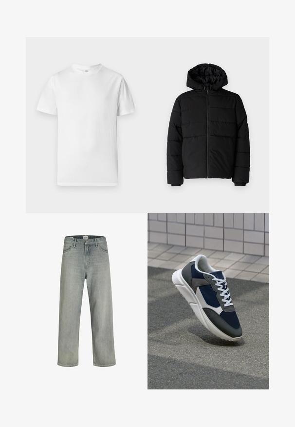 Crni puffer kaput s patentnim zatvaračem sprijeda, kapuljačom i horizontalnim šavovima. Izrađen od glatkog, izdržljivog materijala s rebrastim manžetama.; Bijela kratka majica s kratkim rukavima od mekog pamuka. Ima okrugli izrez i ravni rub s minimalnim detaljima.; Svijetlosive, široke traperice napravljene od denima. Imaju klasičan dizajn s pet džepova, petlje za remen i ravni kroj nogavica.; Tenisice s gornjim dijelom od mrežastog materijala tamnoplave boje, siva antilopova naglašavanja, bijela gumena potplat i ravne bijele vezice, dizajnirane za udobnost i prozračnost.
