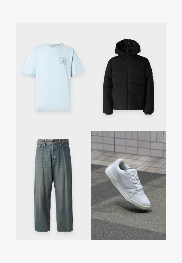 Melna pūkainā jaka ar rāvējslēdzēju priekšā, kapuci un horizontālu quiltēšanas dizainu. Izgatavota no gludas, izturīgas auduma ar ribotām piedurknēm.; Gaiši zils īsām piedurknēm T-krekls ar mazu purpura krāsas "ONLY & SONS NOODLES" grafiku un bļodu ar nūdelēm uz krūtīm.; Gaiši zili džinsi ar brīvu piegriezumu, vidējo jostas augstumu un taisnām kājām. Satur piecas kabatas, jostas cilpas un pogu aizdari.; Baltas ādas sporta apavi ar perforētiem sāniem, teksturētām akcentiem, plakanu šņorēšanu un kontrastējošu pelēku papēdi. Iezīmē nedaudz paaugstinātu zole.