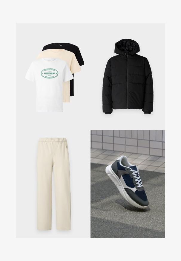 Casaco puffer preto com fecho de correr, capuz e design acolchoado horizontal. Feito de um tecido liso e durável com punhos canelados.; Três t-shirts de gola redonda empilhadas nas cores preta, beije e branca, com a t-shirt branca exibindo o texto verde "Jack & Jones Worldwide".; Calças largas em bege com uma cintura elástica, confeccionadas em tecido macio. Apresentam uma textura suave e sem padrões ou acessórios visíveis.; Sapatilha com parte superior em malha azul-marinho, detalhes em camurça cinza, sola de borracha branca e atacadores brancos planos, projetada para conforto e respirabilidade.