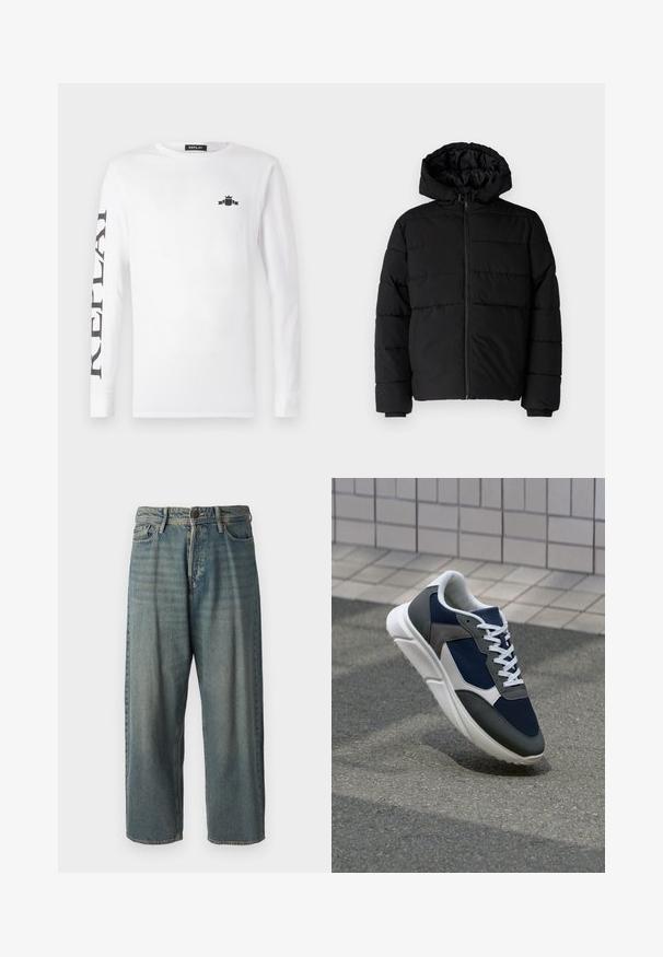 Svart boblejakke med glidelås foran, hette og horisontalt quiltet design. Laget av et glatt, slitesterkt stoff med ribbede cuffs.; Hvit langermet T-skjorte laget av bomull, med en svart logo på brystet og "REPLAY" trykket vertikalt ned langs venstre erme.; Lyseblå denimjeans med løs passform, midjehøyde og rette ben. Har fem lommer, beltehemper og knappelukking.; Sneakers med en navy blå mesh-overdel, grå sømværk, hvit gummisåle og flate hvite snører, designet for komfort og pusteevne.