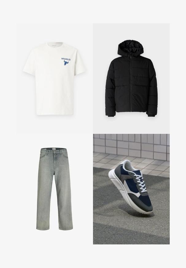 Svart boblejakke med glidelås foran, hette og horisontalt quiltet design. Laget av et glatt, slitesterkt stoff med ribbede cuffs.; Hvit bomull t-skjorte med blå Wrangler-logo og oksegrafikk på venstre brystområde. Korte ermer og rund hals.; Lys grå, løstsittende jeans laget av denim. Har en klassisk fem-lomme-design, beltehemper og en rett ben-silhuett.; Sneakers med en navy blå mesh-overdel, grå sømværk, hvit gummisåle og flate hvite snører, designet for komfort og pusteevne.