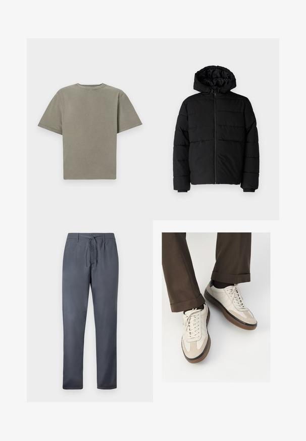 Schwarze Daunenjacke mit Reißverschluss vorne, Kapuze und horizontalem Steppmuster. Hergestellt aus einem glatten, strapazierfähigen Stoff mit gerippten Manschetten.; T-Shirt mit kurzen Ärmeln und Rundhalsausschnitt in einem gedämpften Grünton. Aus weicher Baumwolle mit glatter Textur und sauberen Kanten gefertigt. Keine sichtbaren Logos oder Muster.; Graue Hose aus glattem Stoff, mit einem Kordelzugverschluss und Seitentaschen. Gerades Bein Design mit sauberer Verarbeitung.; Beige Sneakers mit einer strukturierten Wildlederfront, glatten Lederseiten und einer braunen Gummisohle. Bändel und helle Nähdetails sind enthalten.