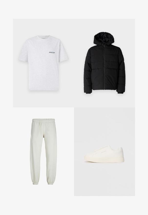 Fekete puff dzseki cipzárral elöl, kapucnival és vízszintes steppelt mintázattal. Simább, tartós anyagból készült, bordázott mandzsettákkal.; Szürke, rövid ujjú póló, amelyen a bal mellrészen egy kis kék "project core" logó látható, egy sima háttér előtt.; Fehér melegítőnadrág, puha anyagból készült, rugalmas derékrésszel és mandzsettával, sima tapintású és laza szabású.; Fehér slip-on sportcipők texturált felülettel, vastag talppal és minimalista dizájnnal. Az oldalon a márka logója található.