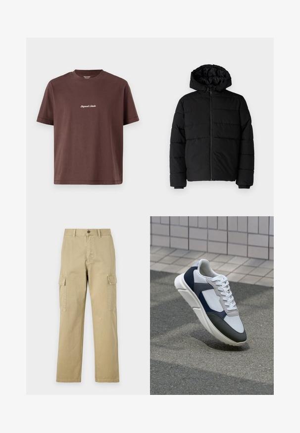 Giacca a vento nera con zip frontale, cappuccio e design a righe orizzontali. Realizzata in un tessuto liscio e resistente con polsini a coste.; T-shirt in cotone marrone con collo a giro. Caratterizzato da maniche corte e un testo centrale ricamato che dice "Original Studio" in bianco.; Pantaloni cargo beige in cotone, dotati di due tasche laterali, chiusura con bottone e gamba dritta con tessuto leggermente texture.; Sneaker bianca, blu navy e grigia con un design a materiali misti, caratterizzata da una tomaia testurizzata, lacci piatti e una suola imbottita.