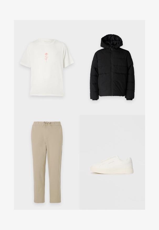 Casaco puffer preto com fecho de correr, capuz e design acolchoado horizontal. Feito de um tecido liso e durável com punhos canelados.; Camiseta de cor creme com um simples gráfico de rosa vermelha no centro, sobre um fundo branco liso.; Calças de lounge bege com cintura elástica e cordão, apresentando um design de perna reta e uma textura suave e macia.; Sapatilhas brancas de atacar com uma superfície texturizada, sola grossa e design minimalista. Possui o logo da marca na lateral.