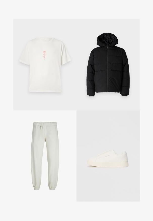Crni puffer kaput s patentnim zatvaračem sprijeda, kapuljačom i horizontalnim šavovima. Izrađen od glatkog, izdržljivog materijala s rebrastim manžetama.; Breskva boja majice s jednostavnom grafikom crvene ruže u središtu, na jednostavnoj bijeloj pozadini.; Bijele trenirke napravljene od mekanog materijala, s elastikom u struku i na manžetama, glatke teksture i labavog kroja.; Bijele slip-on tenisice s teksturiranom površinom, debelim đonom i minimalističkim dizajnom. Sadrže logo branda sa strane.
