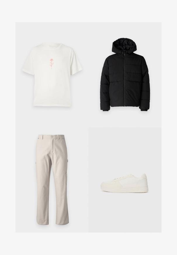 Svart boblejakke med glidelås foran, hette og horisontalt quiltet design. Laget av et glatt, slitesterkt stoff med ribbede cuffs.; Kremfarget t-skjorte med et enkelt rødt rosegrafikk i midten, satt mot en helt hvit bakgrunn.; Beige cargo bukser laget av slitesterk bomull med rette ben, frontlukking med knapp og sidelommer for nytte. Jevn tekstur med subtile sømmer.; Hvit sneakers med en glatt læroverdel og suedeforsterkninger. Har en perforert tå, flate lisser og en gummisåle med teksturert detaljering.