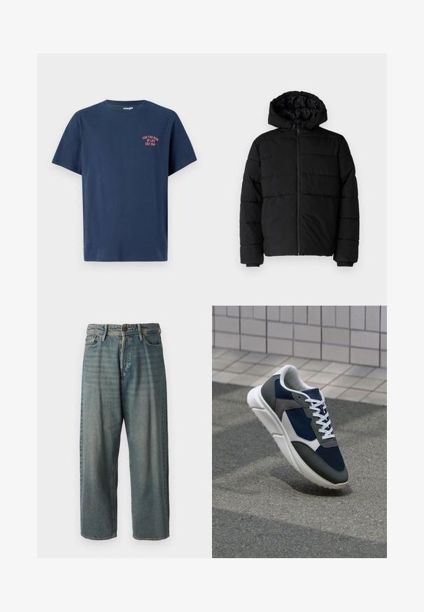 Czarna kurtka puchowa z zamkiem z przodu, kapturem i poziomym pikowaniem. Wykonana z gładkiego, trwałego materiału z prążkowanymi mankietami.; Granatowa bawełniana koszulka z okrągłym dekoltem, krótkimi rękawami i małym czerwonym nadrukiem na lewej piersi z napisem "DLA PODRÓŻY ŻYCIA ZAŁ. 1947."; Jasnoniebieskie dżinsy o luźnym kroju, średnim stanie i prostych nogawkach. Posiadają pięć kieszeni, szlufki na pasek oraz zapięcie na guzik.; Sneakers z granatową siateczkową cholewką, szarymi zamszowymi akcentami, białą gumową podeszwą i płaskimi białymi sznurówkami, zaprojektowane z myślą o komforcie i wentylacji.