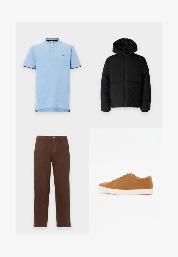 Chaqueta acolchada negra con cremallera frontal, capucha y diseño acolchado horizontal. Fabricada con un tejido suave y duradero con puños acanalados.; Camisa polo de color azul claro con un cuello alto, tapeta de dos botones y ribete en color marino en las mangas y el dobladillo. Textura suave y mínimo detalle del logo.; Pantalones de algodón marrón con pierna recta, bolsillos frontales y cierre de botón metálico. Presenta una textura suave y un diseño minimalista.; Zapatillas de gamuza marrón con un diseño de caña baja, suela de goma blanca y punta redonda. Presentan cordones a juego y un logotipo mínimo en el talón.
