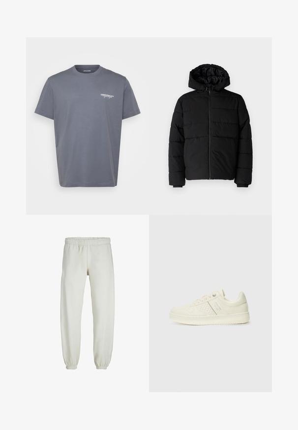 Sort pufferjakke med lynlås foran, hætte og vandret quiltet design. Lavet af et glat og holdbart stof med ribbede manchetter.; Grå bomulds t-shirt med korte ærmer, rund halsudskæring og et lille hvidt "ORIGINALS" logo på venstre bryst. Glat tekstur, klassisk pasform.; Hvide sweatpants lavet af blødt stof, med elastisk talje og håndled, der har en glat tekstur og løs pasform.; Cremefarvet sneaker med perforeret detaljering, snørebånd og logo på siden, præsenteret mod en simpel hvid baggrund.