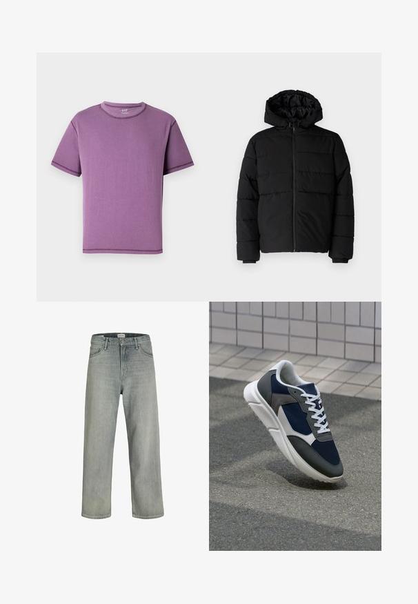 Črna puhovka z zadrgo spredaj, kapuco in vodoravno šivano obliko. Narejena je iz gladkega, trpežnega materiala z rebrastimi manšetami.; Vijolična kratkotrajna majica iz mehke bombažne tkanine, z okroglo izrezom in kontrastnim šivanjem ob šivih.; Svetlo sivi, široki traperice iz denima. Ima klasični dizajn s pet džepova, petlje za remen i ravno krojenje.; Superge z zgornjim delom iz mrežaste tkanine v mornarsko modri barvi, sivi usnjeni poudarki, belo gumijasto podplato in ravnimi belimi vezalkami, zasnovane za udobje in zračnost.