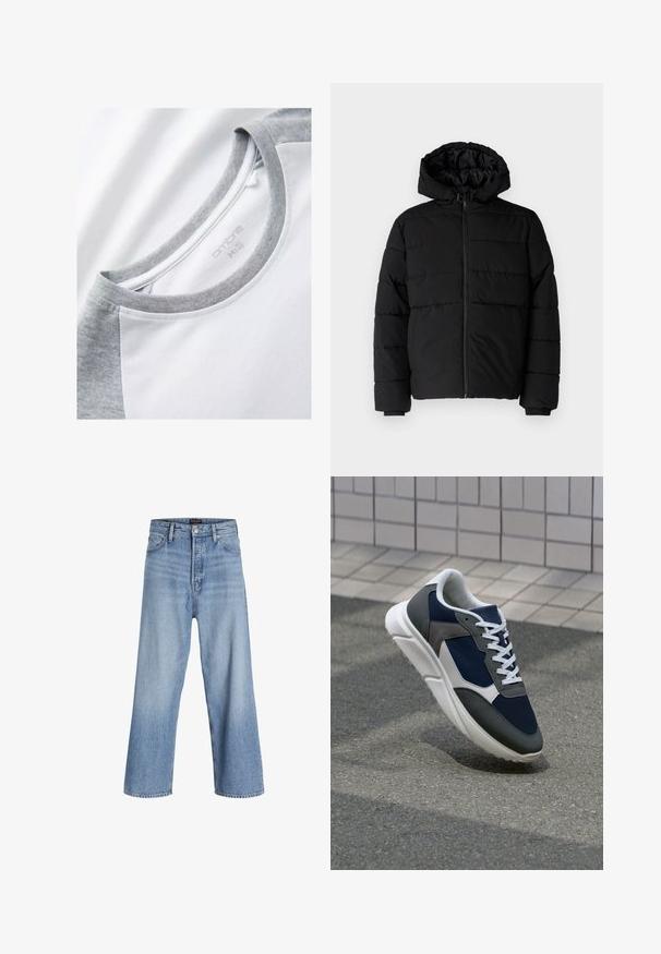 Czarna kurtka puchowa z zamkiem z przodu, kapturem i poziomym pikowaniem. Wykonana z gładkiego, trwałego materiału z prążkowanymi mankietami.; Koszulka z krótkim rękawem o białym kolorze z szarymi rękawami raglanowymi. Okrągły dekolt o miękkiej, gładkiej strukturze. Widoczna metka marki.; Jasnoniebieskie dżinsy typu wide-leg z wysokim stanem, z zapięciem na guziki, pięcioma kieszeniami i subtelnym wyblaknięciem. Czyste wykończenie dołu.; Sneakers z granatową siateczkową cholewką, szarymi zamszowymi akcentami, białą gumową podeszwą i płaskimi białymi sznurówkami, zaprojektowane z myślą o komforcie i wentylacji.