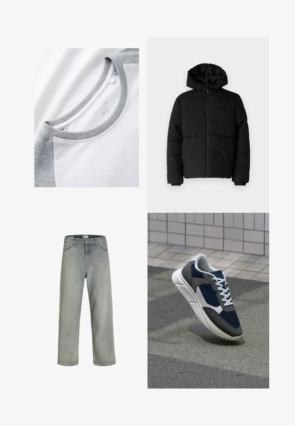 Zwarte pufferjack met een ritssluiting aan de voorkant, een capuchon en een horizontaal gestikt ontwerp. Gemaakt van een gladde, duurzame stof met ribgebreide manchetten.; T-shirt met korte mouwen, voorzien van een witte stof en grijze raglanmouwen. Ronde halslijn met een zachte, gladde textuur. Merklabel zichtbaar.; Lichtgrijze, loszittende spijkerbroeken van denim. Beschikt over een klassiek vijf-pocket ontwerp, riemlussen en een rechte pijp silhoët.; Sneaker met een marineblauwe mesh bovenwerk, grijze suède accenten, witte rubberen zool en platte witte veters, ontworpen voor comfort en ademend vermogen.