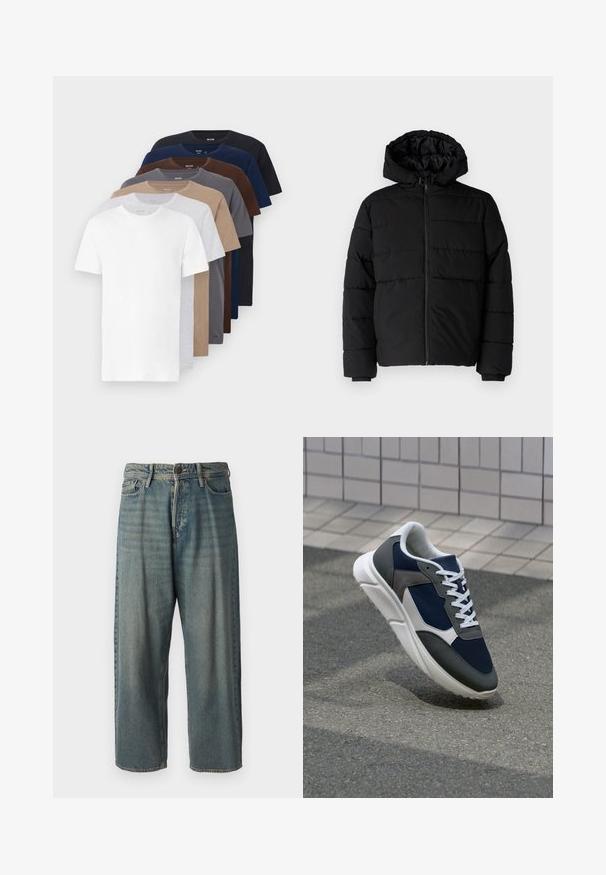 Black puffer jacket featuring a zip front, a hood, and horizontal quilted design. Made of a smooth, durable fabric with ribbed cuffs.; Eight short-sleeve cotton t-shirts in various colors: white, gray, beige, brown, navy, and black; classic crew neck and soft texture.; Light blue denim jeans with a loose fit, mid-rise waist, and straight legs. Features five pockets, belt loops, and a button closure.; Sneaker featuring a navy blue mesh upper, gray suede accents, white rubber sole, and flat white laces, designed for comfort and breathability.