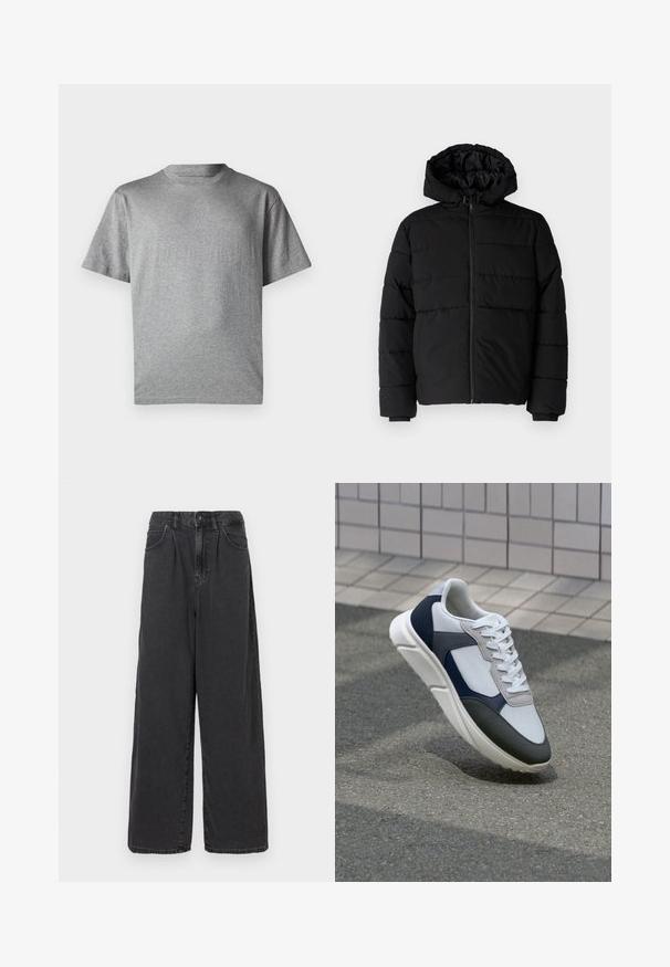 Svart boblejakke med glidelås foran, hette og horisontalt quiltet design. Laget av et glatt, slitesterkt stoff med ribbede cuffs.; GAP ORIGINAL - T-shirts med print - grey heather; Bredde ben, høy midje svarte dongeri bukser med knapp og glidelås foran, med sidelommer og en glatt tekstur.; Hvitt, marineblått og grått sportsko med en blandet materialdesign, som har en teksturert overdel, flate snørebånd og en polstret såle.