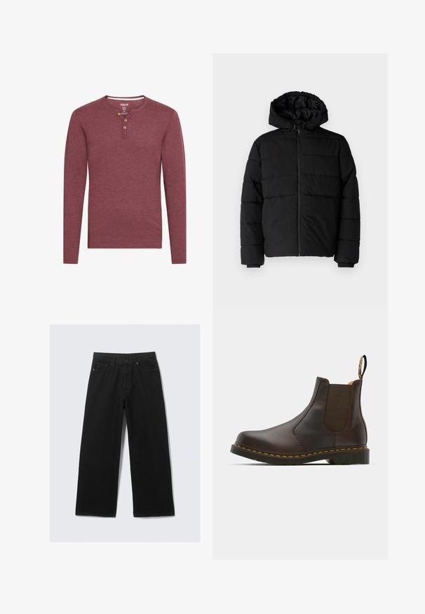 Jachetă puffer neagră cu fermoar în față, glugă și un design matlasat orizontal. Fabricată dintr-un material neted și rezistent, cu manșete ribbate.; Cămașă henley cu mânecă lungă, de culoare burgundă, realizată dintr-un material moale, având un decolteu rotund și trei nasturi din lemn la încheietură.; Pantaloni negri cu picioare largi, confecționați din denim, având un design clasic cu cinci buzunare și o talie structurată cu bucle pentru curea.; Botine Chelsea din piele maro, cu panouri elastice laterale, toc texturat și cusături galbene contrastante. Prezintă un tab pentru o îmbrăcare ușoară.